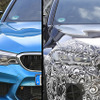 BMW M5セダン 従来型（左）と改良新型プロトタイプ（右）のフロントマスク。