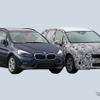 BMW 2シリーズアクティブツアラー の現行型（左）と次期型プロトタイプ（スクープ写真）