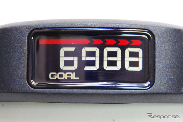 目標のステップ数までの残りを表示する「GOAL」表示。赤いラインはムーブバーというもので、一定時間運動をしないとどの画面でも表示され、運動するように促す。