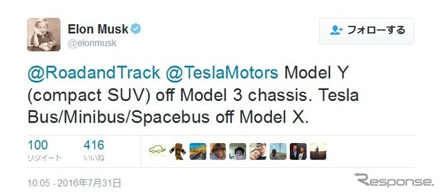 新型コンパクトSUVの車名を「モデルY」と明かしたテスラのイーロン・マスクCEO