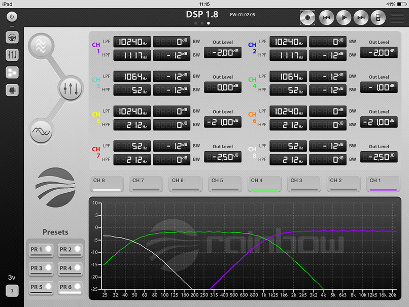 『レインボウ・DSP1.8 + WiFi Module』の調整画面。