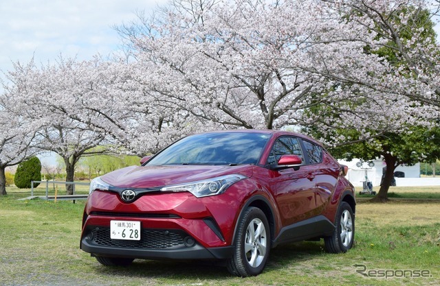 トヨタ C-HR S-T。桜の咲く栃木・渡良瀬遊水地にて。