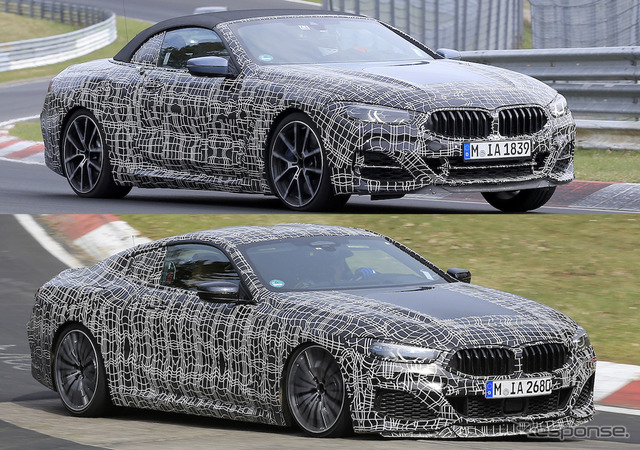 BMW M850i カブリオレ（上段）とクーペ（下段）をスクープ。フロントマスクのデザインにも差別化が見られる