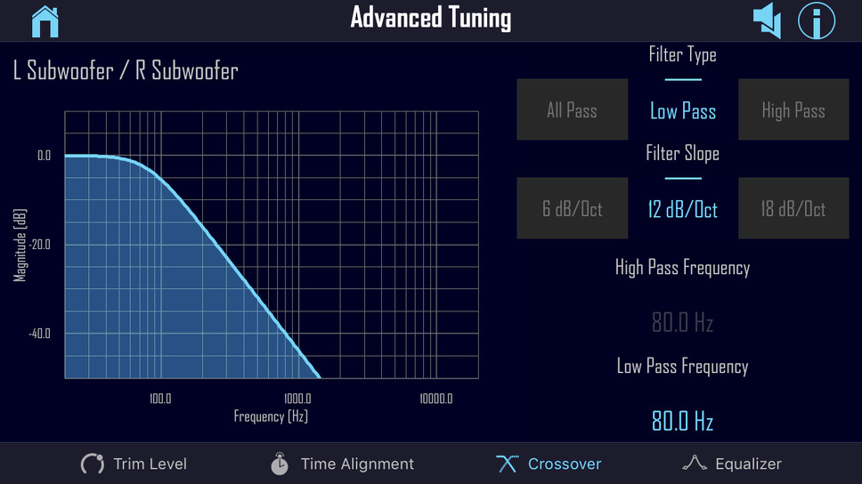 クロスオーバー調整の設定画面の一例（ロックフォード・フォズゲートのチューニングアプリ“Perfect tune”の操作画面）。