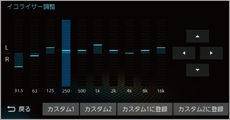 三菱電機・ダイヤトーンサウンドナビ「NR-MZ100」の“イコライザー”調整画面。