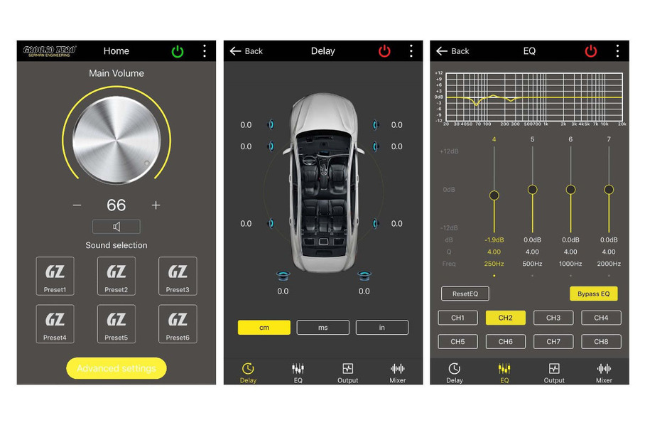 『GZDSP 4-8X』用のチューニングアプリ『GZDSP 4-8X Control』の調整画面。