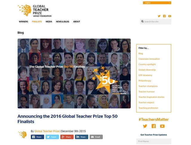 Varkey Foundation「the 2016 Global Teacher Prize Top 50」