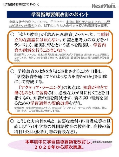 文部科学省　学習指導要領改訂のポイント　（画像出典：文部科学省　教育の強靭（じん）化に向けて（文部科学大臣メッセージ）について　平成28年5月10日）