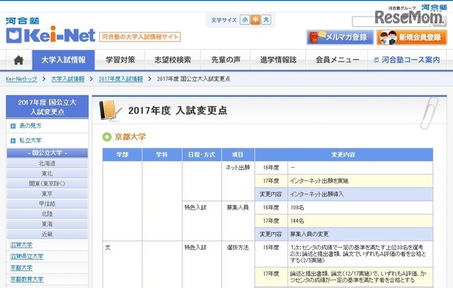 2017年度入試変更点（京都大学・一部）