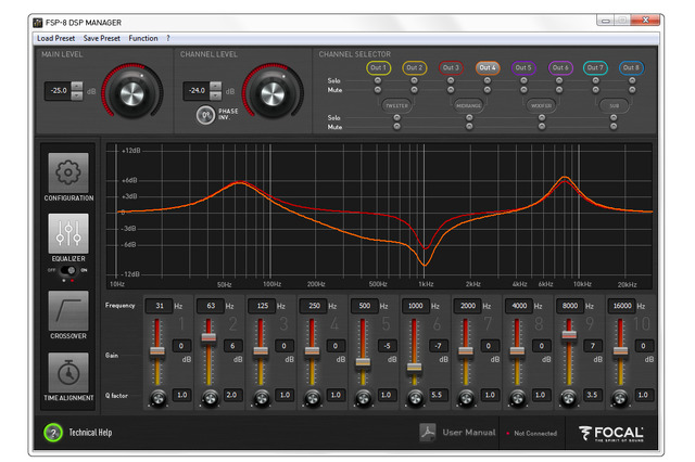 「イコライザー」機能の設定画面の一例（フォーカル・FSP-8）。