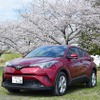 トヨタ C-HR S-T。桜の咲く栃木・渡良瀬遊水地にて。