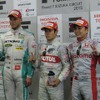 第2レースの予選トップ3。左から2位のロッテラー、ポールの山本、3位の野尻。