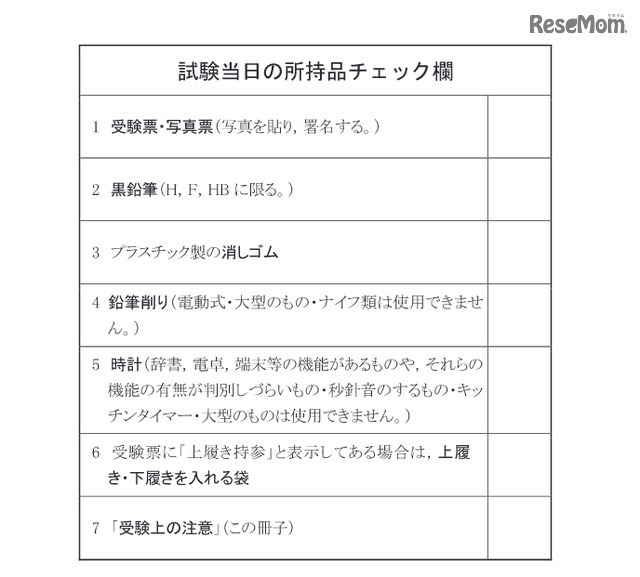 「試験当日の所持品チェック欄（出典：大学入試センター「受験上の注意」）