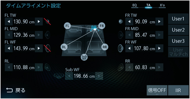 DIATONE SOUND.NAVIの、マルチウェイタイムアライメントの調整画面。