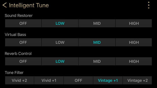 クラリオン・フルデジタルサウンドのチューニングアプリにおける、『Intelligent Tune』の設定画面。
