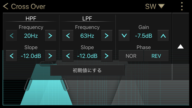 クロスオーバー調整の設定画面の一例（クラリオン『フルデジタルサウンド』の調整アプリの操作画面）。