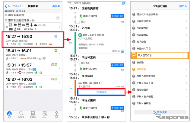 最終目的地の千駄ヶ谷駅へのルートは徒歩・電車・バスを複合的に利用したルートという結果に。きめ細やかな案内で迷うことがない