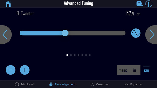 “ロックフォード・フォズゲート”のチューニングアプリにおける、「タイムアライメント」の設定画面。