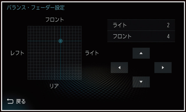 『DIATONE SOUND.NAVI』に搭載されている「バランス」と「フェーダー」の設定画面。