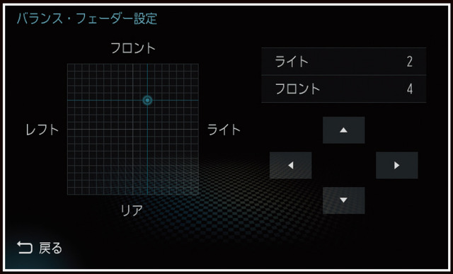 『ダイヤトーンサウンドナビ』の「バランス」と「フェーダー」の設定画面。
