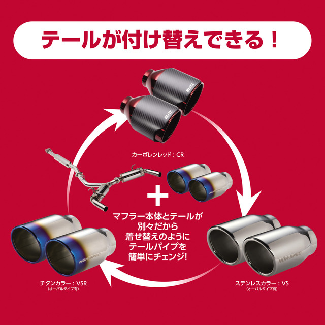 バンド式のテールパイプは最大3種類。気分や車のカスタム内容に合わせて、簡単に付け替えが可能