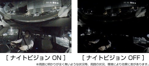 新たにフロントカメラにもナイトビジョンを搭載、コムテック独自の画質チューニングを実施したことで明かりの少ない車外や車内を比較的明るく記録することが可能