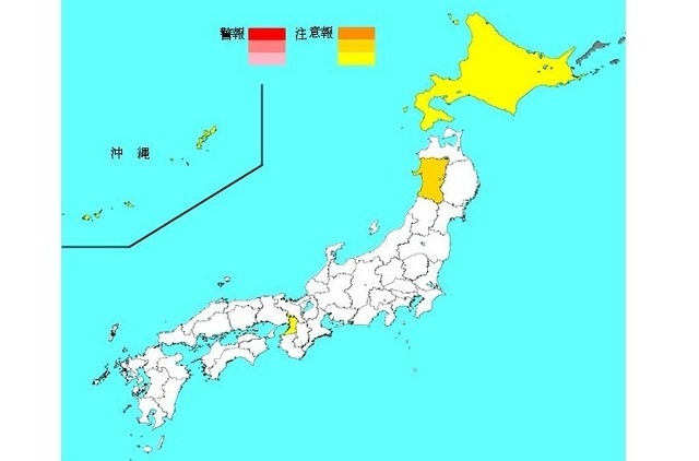 第53週（2015年12月28日～2016年1月3日）のインフルエンザ流行レベルマップ