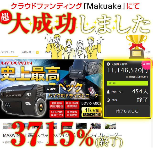 クラウドファンディング『Makuake』にて大成功を収めたMAXWINの新商品