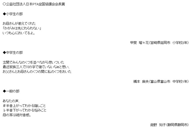 受賞作品（公益社団法人日本PTA全国協議会会長賞）