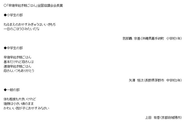 受賞作品（「早寝早起き朝ごはん」全国協議会会長賞）