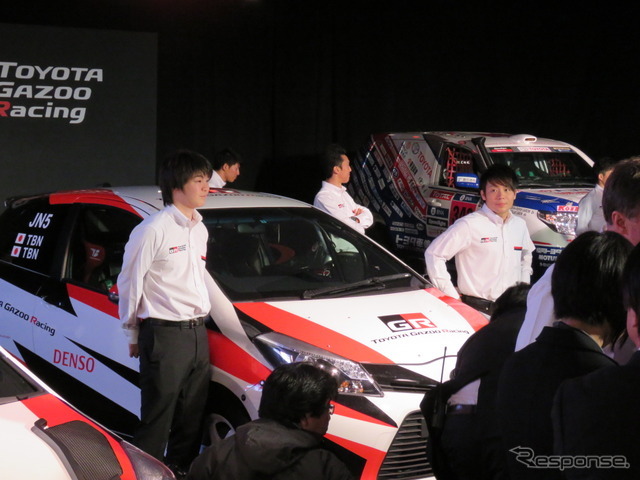 トヨタの若手ラリースト育成計画の選抜選手、新井大輝（左）と勝田貴元（右）。中央の車両は全日本ラリー選手権参戦車両。