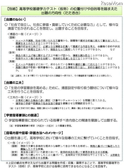 高等学校基礎学力テストの位置付けや目的などを踏まえた出題の方向性（たたき台）