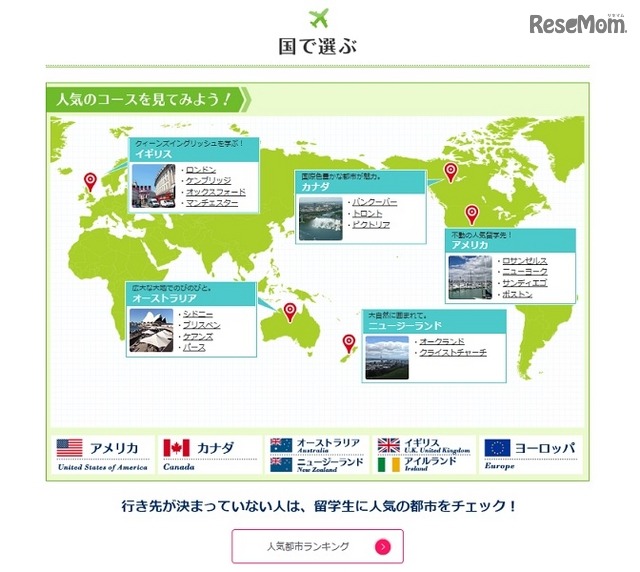 国からコースを検索できるほか、人気都市ランキングも紹介している