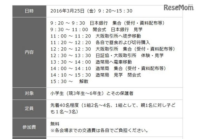 「子どもと学ぶ春休み金融・株式スクール2016」開催概要