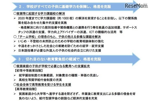 「格差克服のための教育部会」による提言（一部）