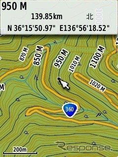 オプションの日本登山地形図では、山岳地帯はこのように等高線が表示される