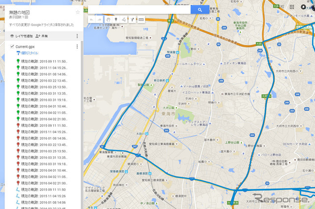 本機で保存した軌跡データをブラウザ上に表示したGoogleマップに表示することができる