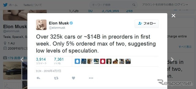 テスラ モデル3の先行予約が発表1週間で32万5000台を超えたと明かしたイーロン・マスクCEO