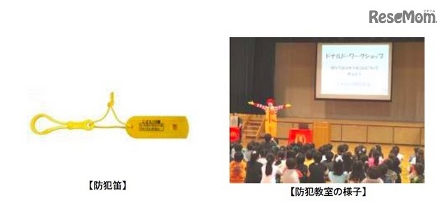 配布された防犯笛と防犯教室のようす