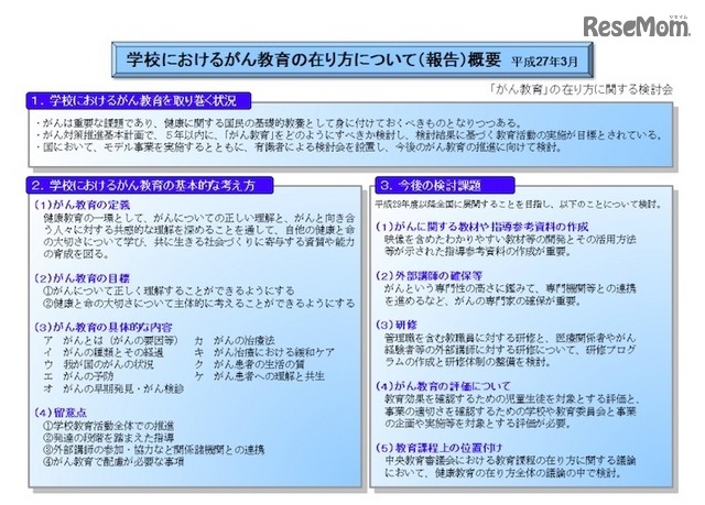 学校におけるがん教育の在り方について（報告）概要