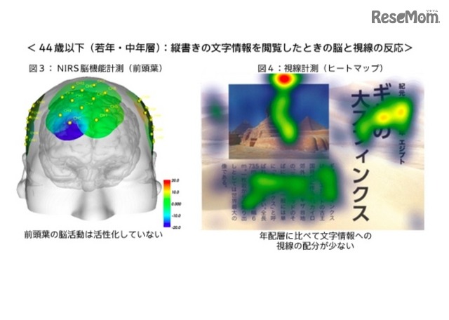 若年・中年層：縦書きの文字情報を閲覧した時の脳と視線の反応