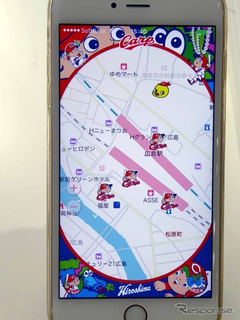 「鯉するマップ～女子マップ～」では地図上にカープ関連の施設がカープ坊やでガイド