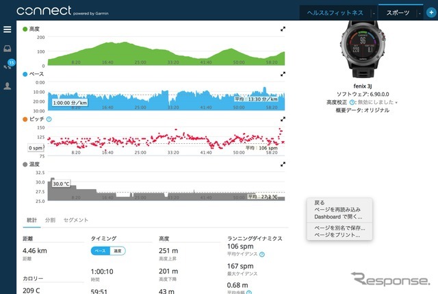 地図のほかに高低図、そのときのスピード、歩行のピッチ、温度変化が分かる