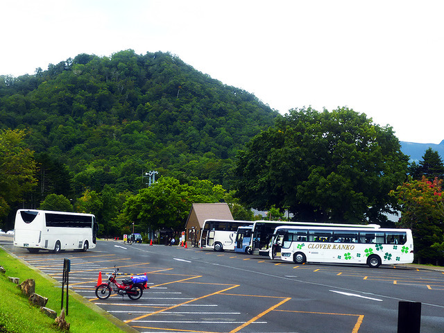 支笏湖で休むバスたち