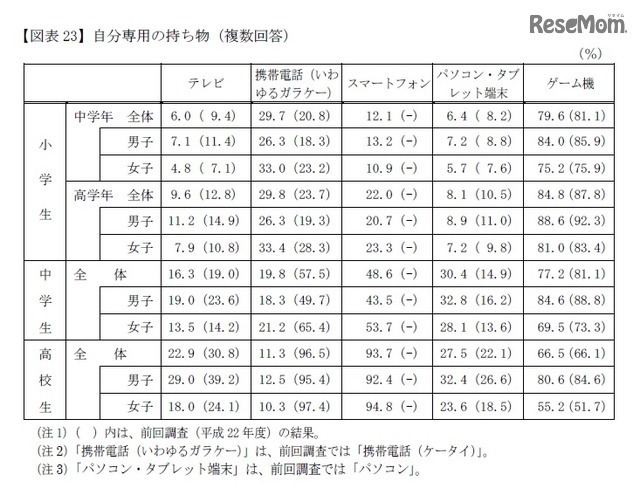 自分専用の持ち物（複数回答）