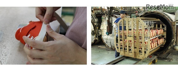 左：やわらかいゴム素材を手作業で貼り付け 　右：窯に入れ熱と圧力を加え、ゴムを硬化