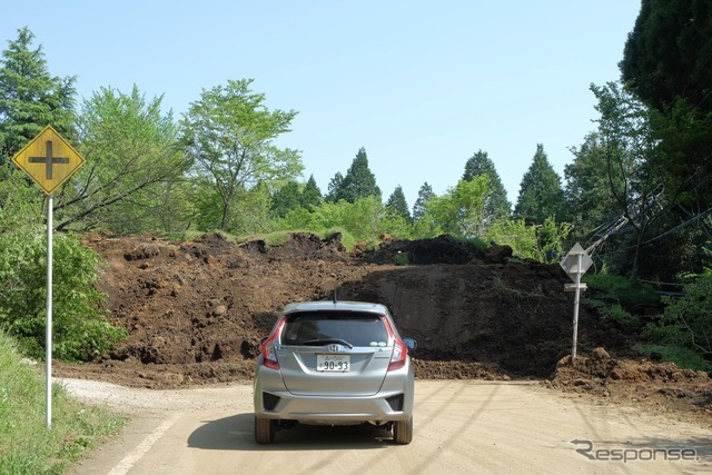 通行止情報のない道路も寸断されていた。地すべりとは樹木や草が生えたままスライドしてくるのだということをビジュアルで初めて知った。