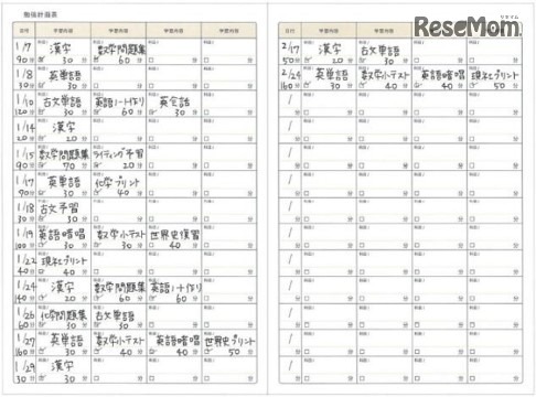 別冊の学習ノートの勉強計画表は、具体的な勉強計画が立てられる