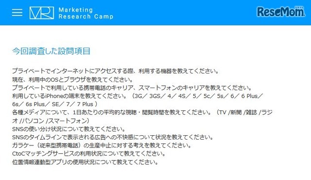 調査した設問項目　「モバイル＆ソーシャルメディア月次定点調査（2016年10月度）」