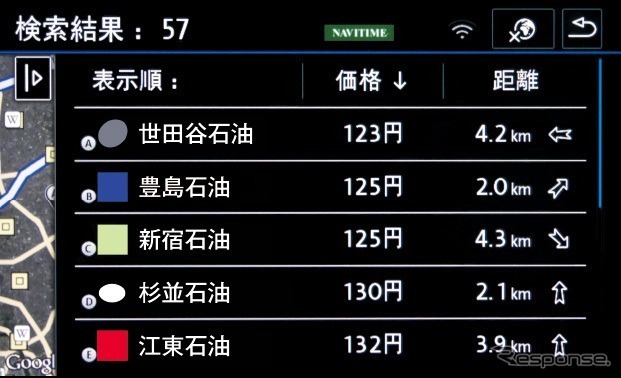 テレマティクス機能“Guide & Inform”ガソリンスタンド（料金情報）画面